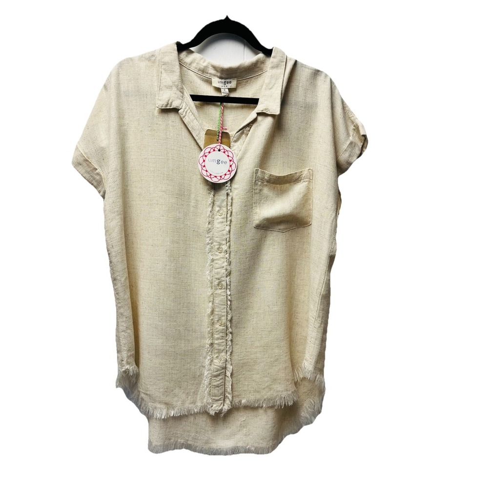 Umgee S Natural Beige Tunic Blouse Frayed Boho Beachy Coastal Minimalist Y2K NWT